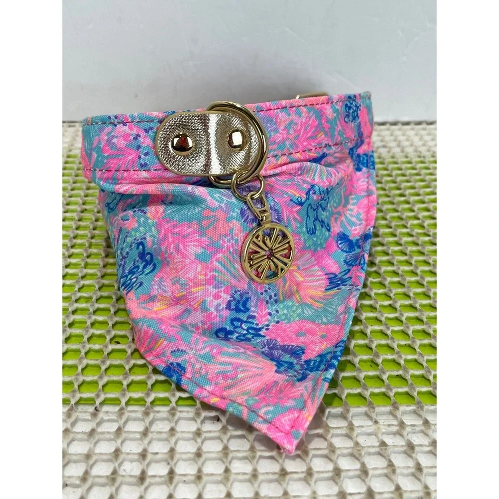Lilly Pulitzer Dog Collar Pink Blue Floral Shell Print Gold Buckle 24.5in